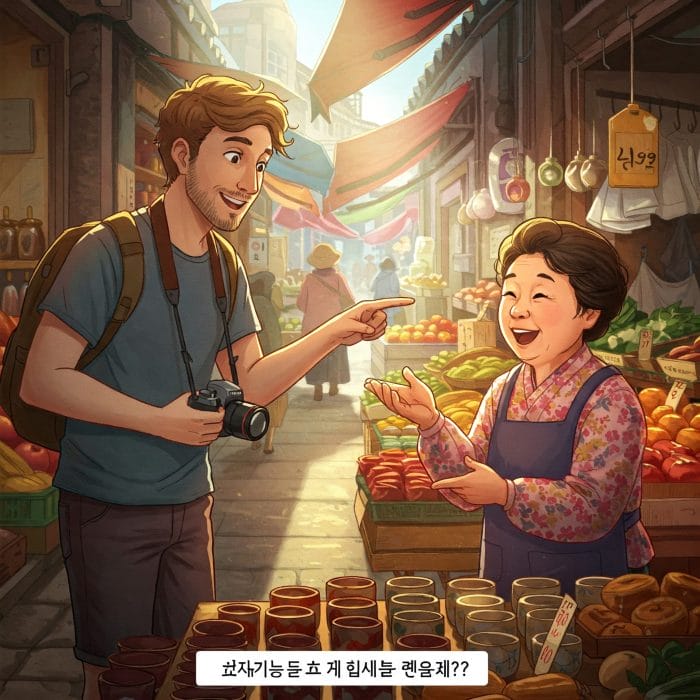 韓国の市場で客が商品を指差して尋ねるイラスト