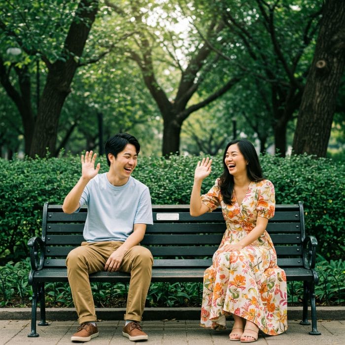 公園のベンチで友人同士が笑いながら軽く手を振って別れている