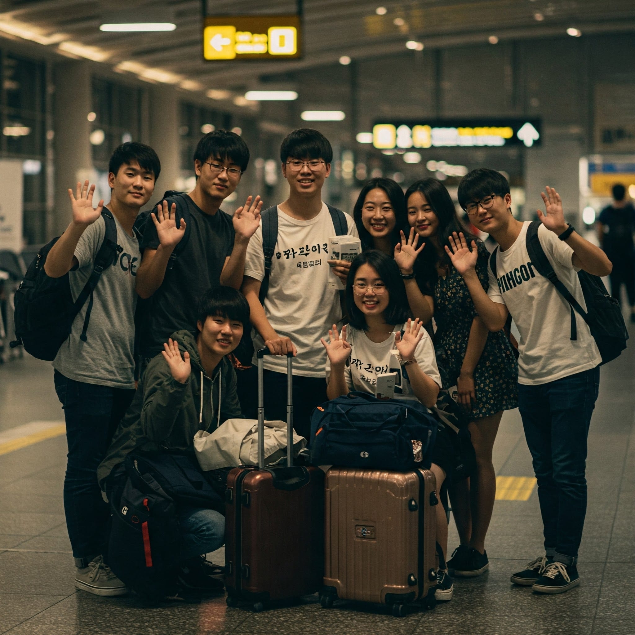 空港ターミナルに、荷物を持った8人の若者グループが立ち、笑顔でカメラに向かって手を振っている。背景には標識とライトが見える。.