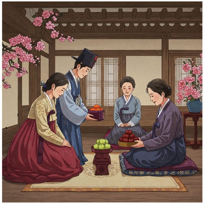 結婚式で両親に挨拶する新郎新婦のイラスト