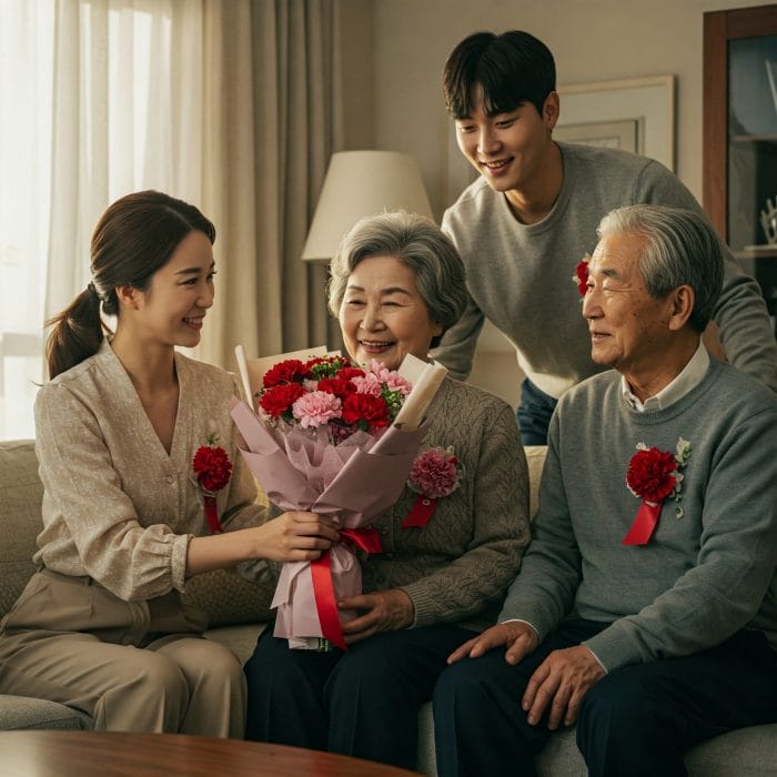 両親の日にカーネーションを渡す様子