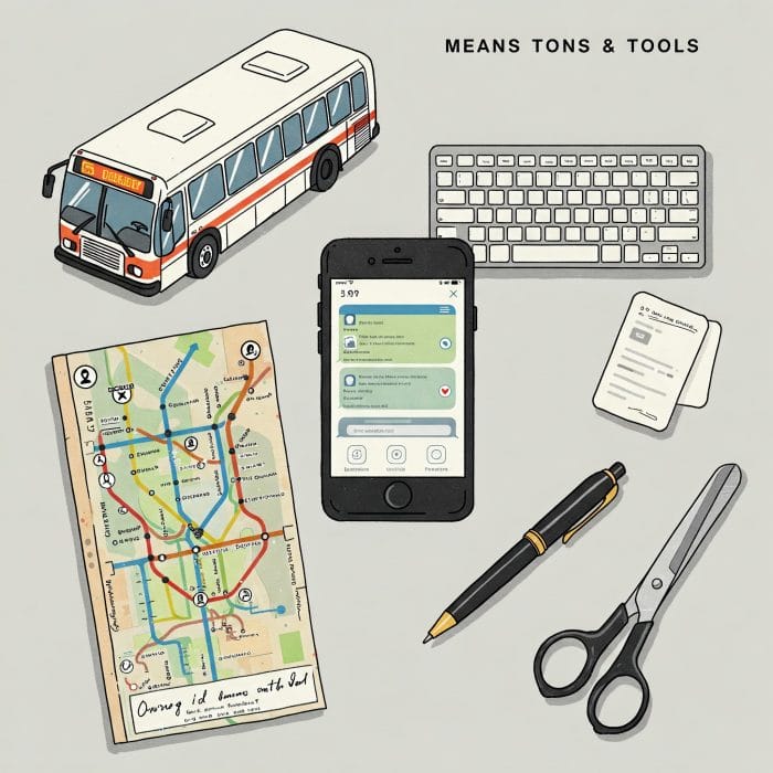 バス、スマホ、ペン、ハサミなどの手段や道具を示すコラージュ画像