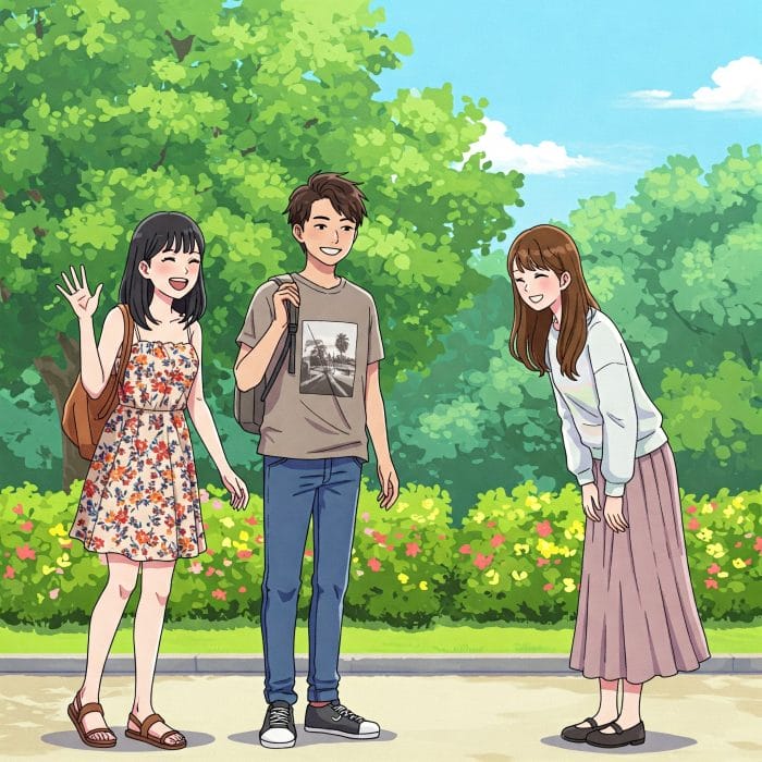 公園でカジュアルに挨拶を交わす若者たちのイラスト