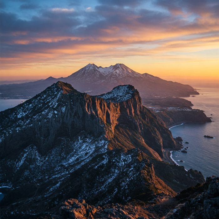 壮大な自然の風景（済州島の海や山など）
