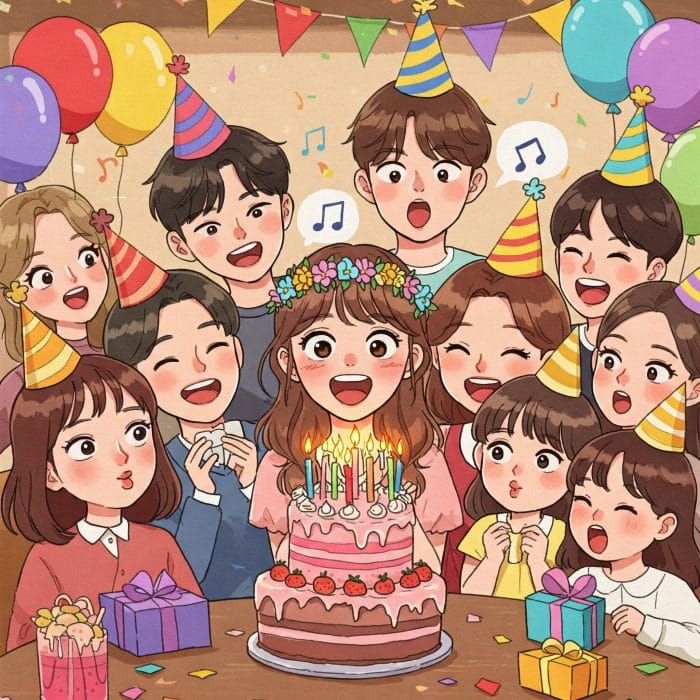 誕生日ケーキのろうそくを吹き消す様子とバースデーソングの音符イラスト