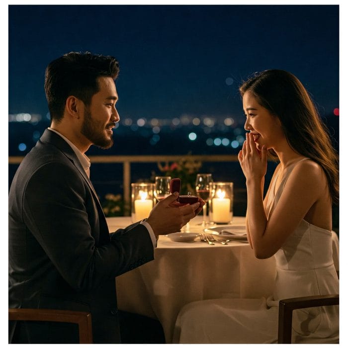 男性が片膝をつき指輪の箱を開けて女性にプロポーズしている手元のクローズアップ