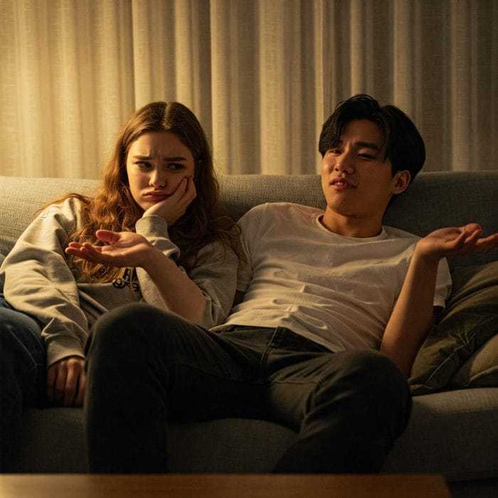 友人同士がリラックスした様子でソファに座っている。一人が少し困った顔で質問し、もう一人が肩をすくめて「アラソ ヘ」とジェスチャーしているような場面。ユーモラスで親密な雰囲気。