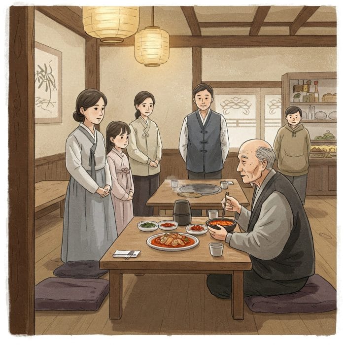 韓国の食堂で年長者が食事を始めるのを待つ家族のイラスト
