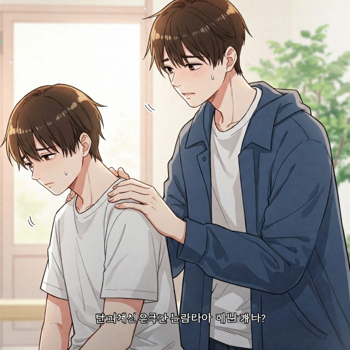 友人の肩に手を置き「왜 그래?」と尋ねるイラスト