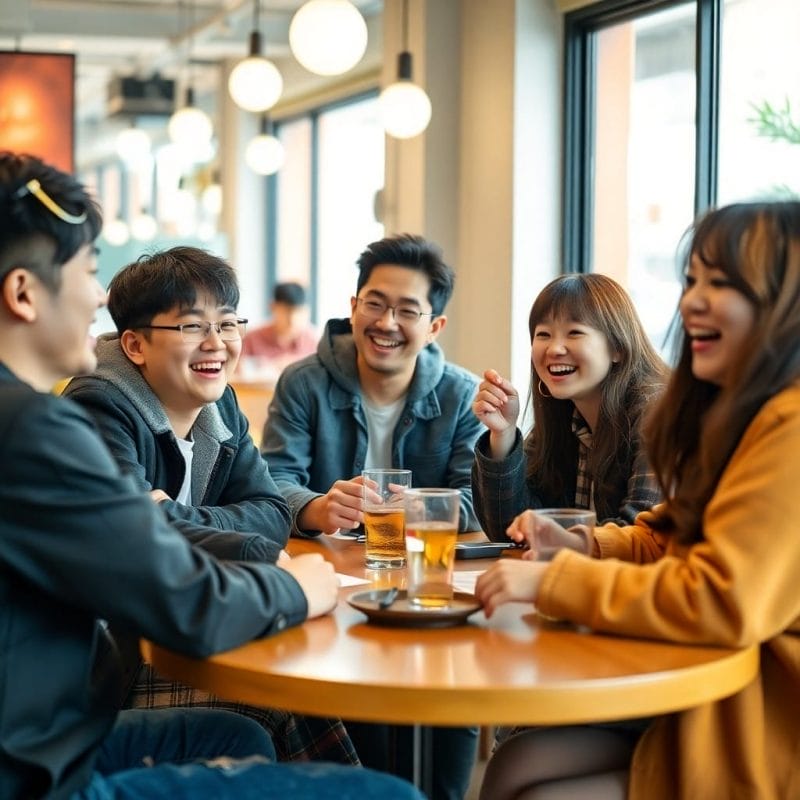カフェで楽しそうに談笑する韓国の若い男女の友達グループ