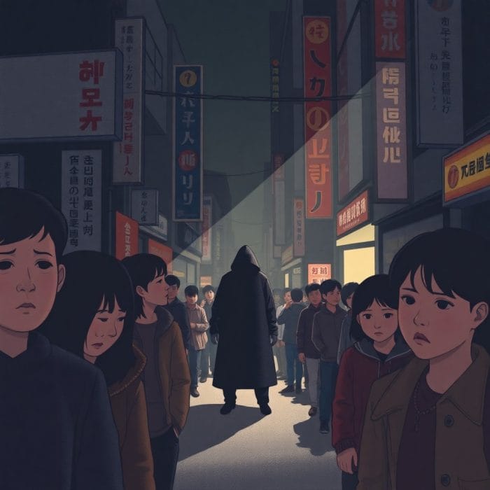 夜の路地裏や雑踏など、都市の不安感を象徴する抽象的なイラスト