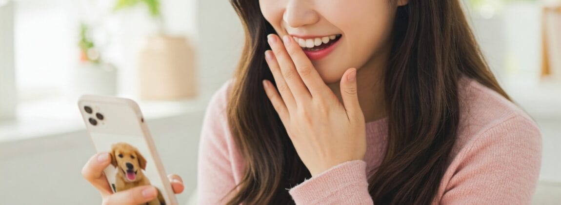 ピンクのセーターを着た女性が、室内に座り、犬用のケース付きの携帯電話を手に微笑んでいます。片方の手で口を覆い、驚きや喜びを表現しています。.