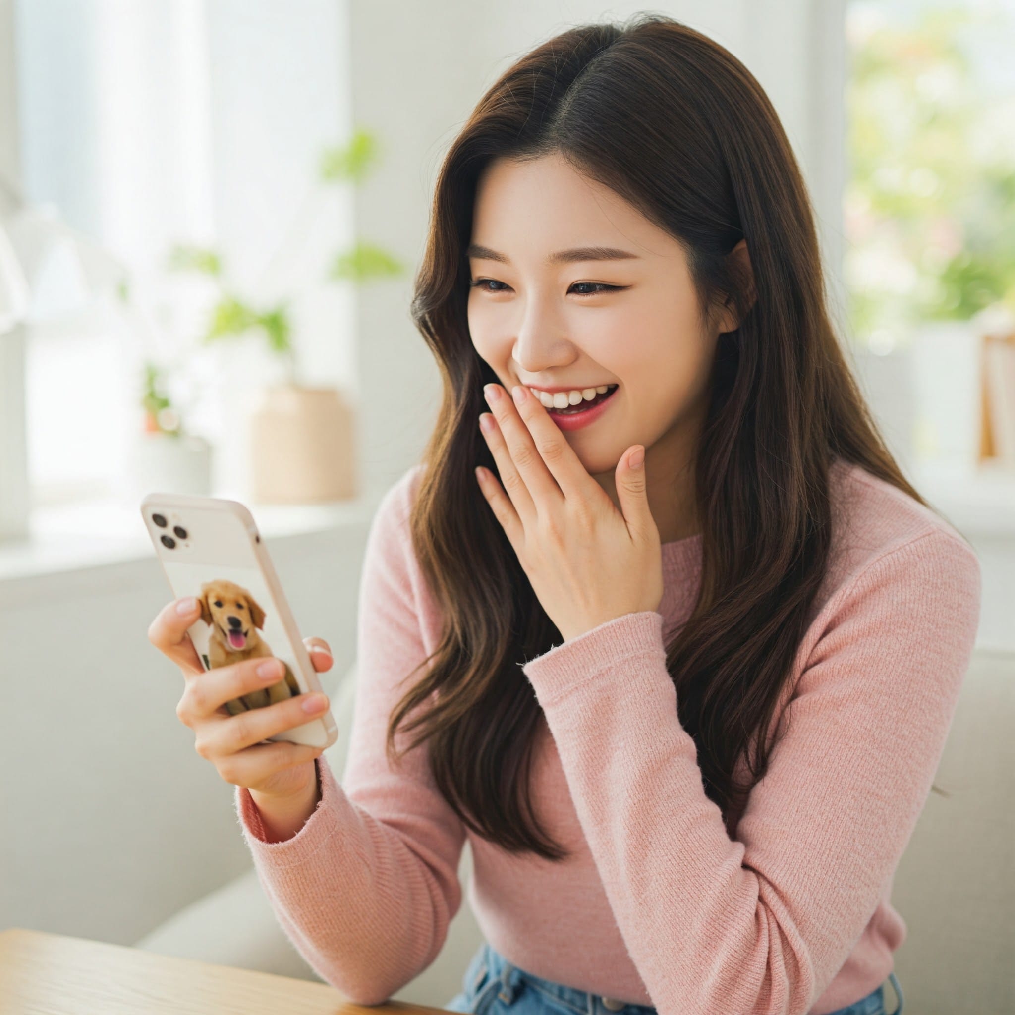 ピンクのセーターを着た女性が、室内に座り、犬用のケース付きの携帯電話を手に微笑んでいます。片方の手で口を覆い、驚きや喜びを表現しています。.