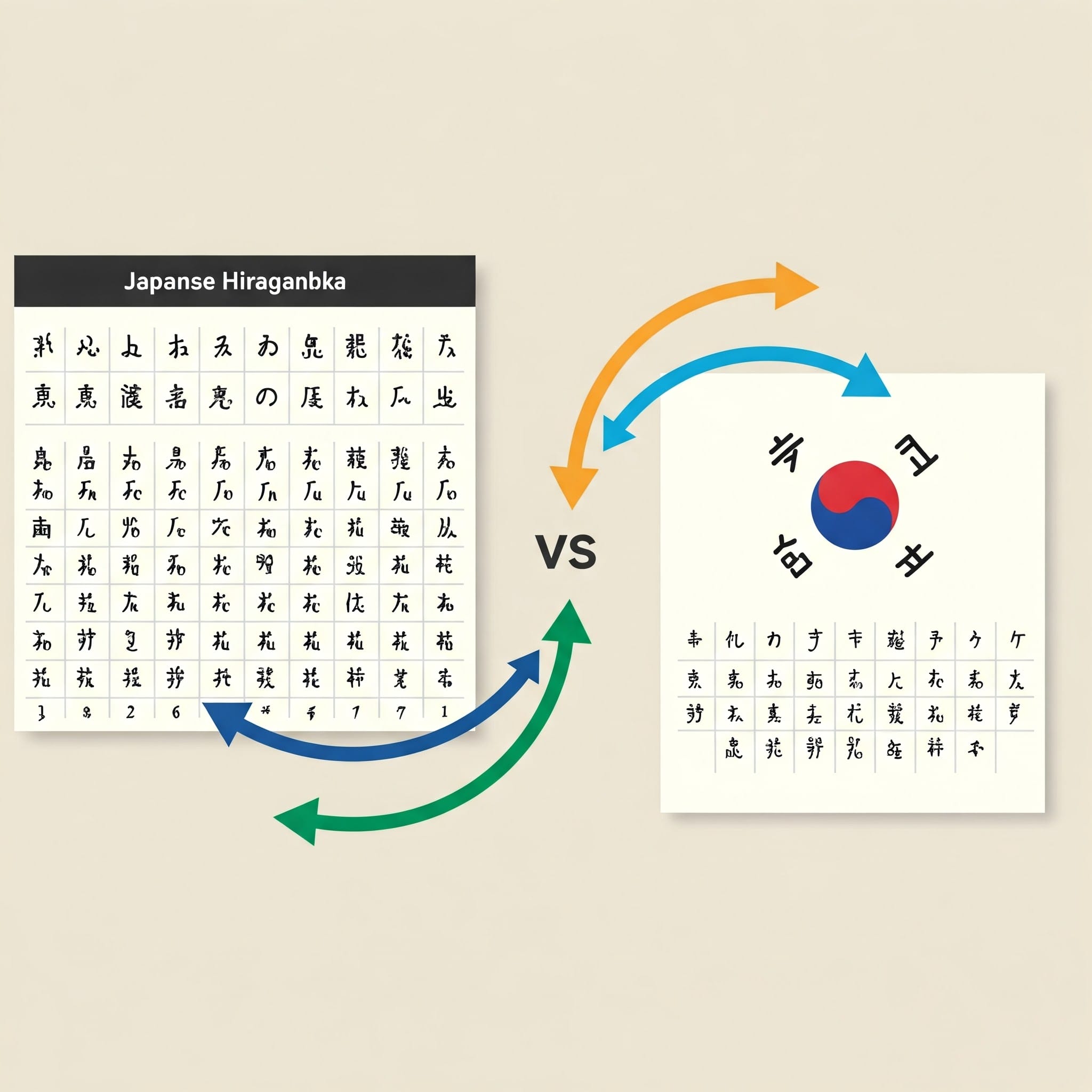 左側に日本語のひらがな表、右側に韓国語のハングル表があり、矢印は 2 つの言語の比較と相互作用を示しています。.