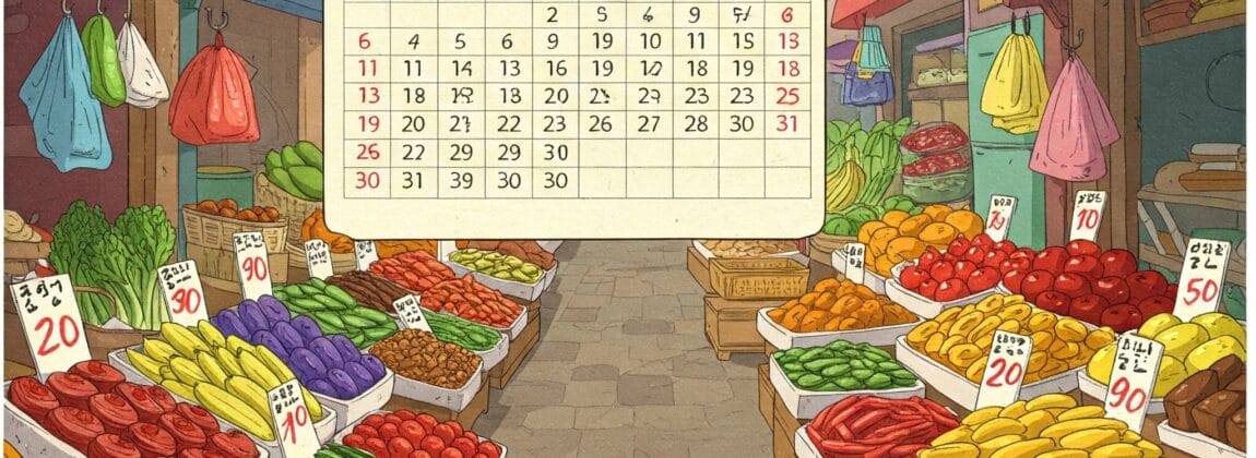 様々な果物や野菜が並ぶイラスト付きの露店。それぞれに値段が付けられている。上には2022年6月がハングルで書かれたカレンダーが掲げられている。.