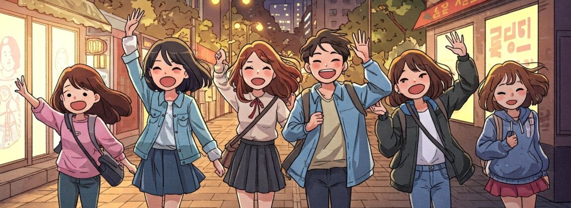5人のティーンエイジャーが笑顔で手を振りながら、明るく照らされた夜の街路を歩いています。背景には韓国語の看板が掲げられています。画面下部には韓国語の文字が表示されています。. 5人のティーンエイジャーが笑顔で手を振りながら、明るく照らされた夜の街路を歩いています。背景には韓国語の看板が掲げられています。画面下部には韓国語の文字が表示されています。.