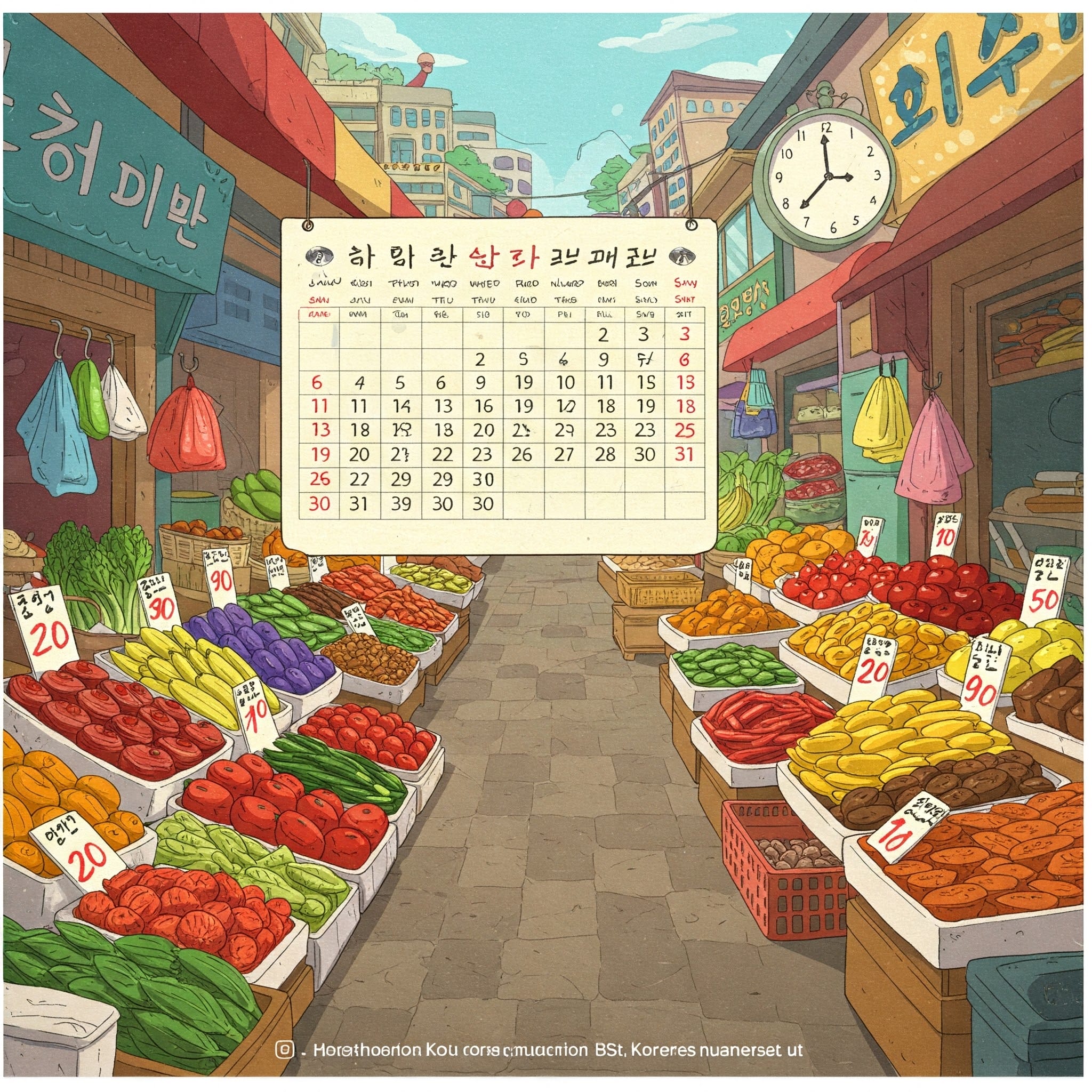 様々な果物や野菜が並ぶイラスト付きの露店。それぞれに値段が付けられている。上には2022年6月がハングルで書かれたカレンダーが掲げられている。.