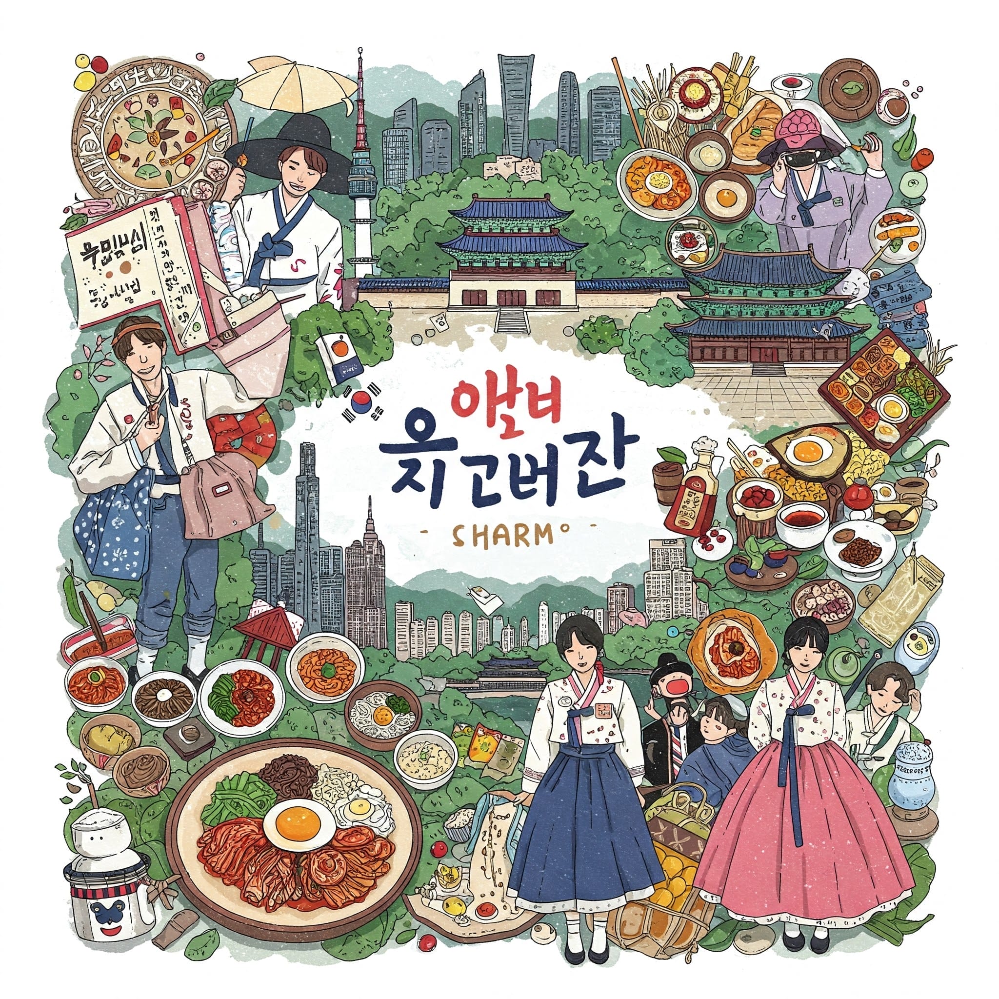 伝統衣装を着た人々、キムチやビビンバなどの料理、宮殿や街並みなどのランドマークなど、韓国文化を紹介するカラフルなイラストです。.