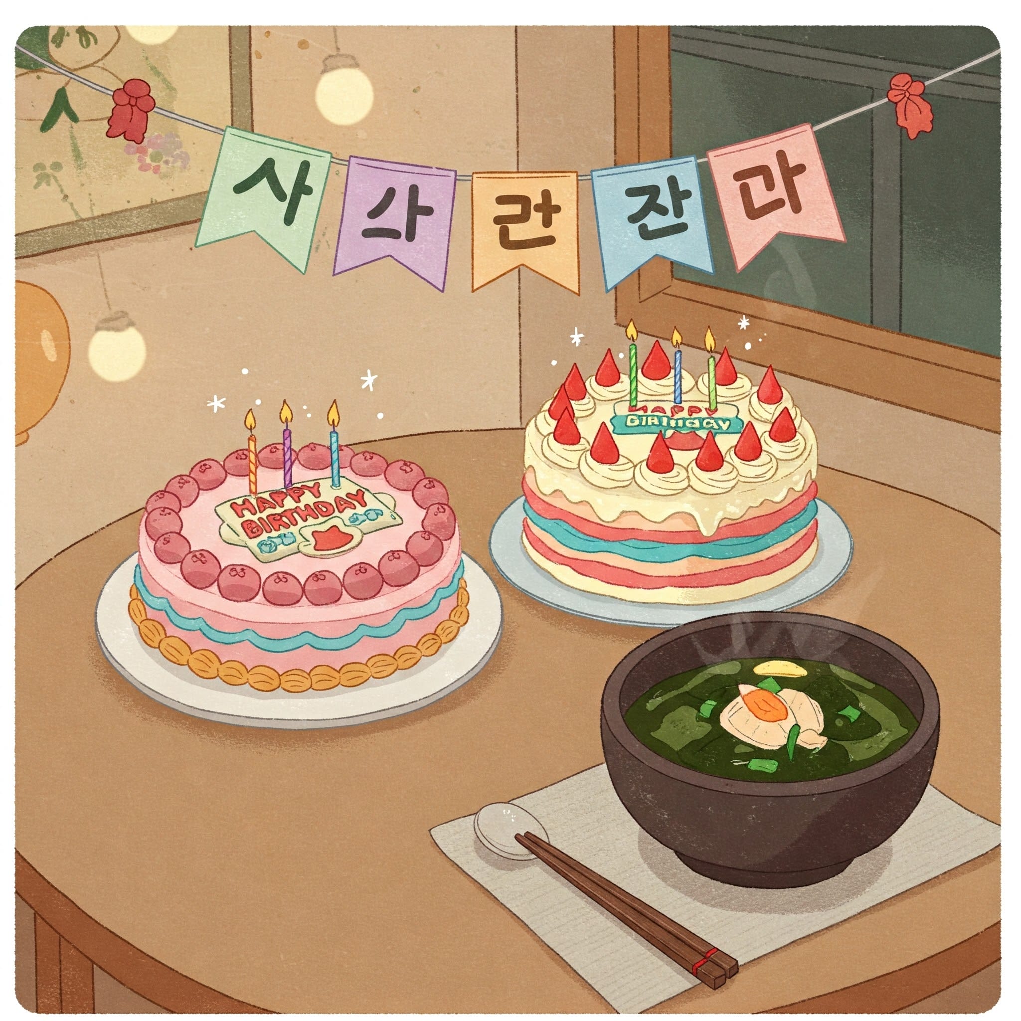 テーブルの上には、ろうそくのついたバースデーケーキが2つ、その横にはスープボウルと箸が置かれている。背景には韓国語の文字が書かれたカラフルな垂れ幕がかかっている。.