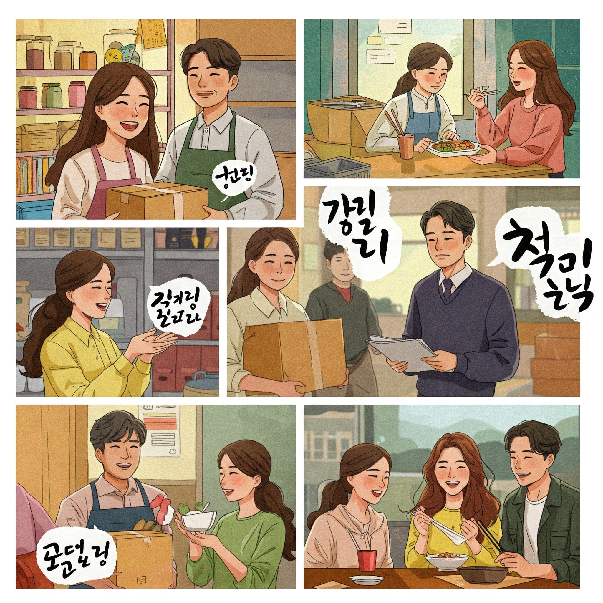 二人が仕事や食事をする様々な場面を描いたコミック風のシーケンス。作業や会話を通して、二人は幸せ、チームワーク、そして友情を表現しています。テキストは韓国語です。.