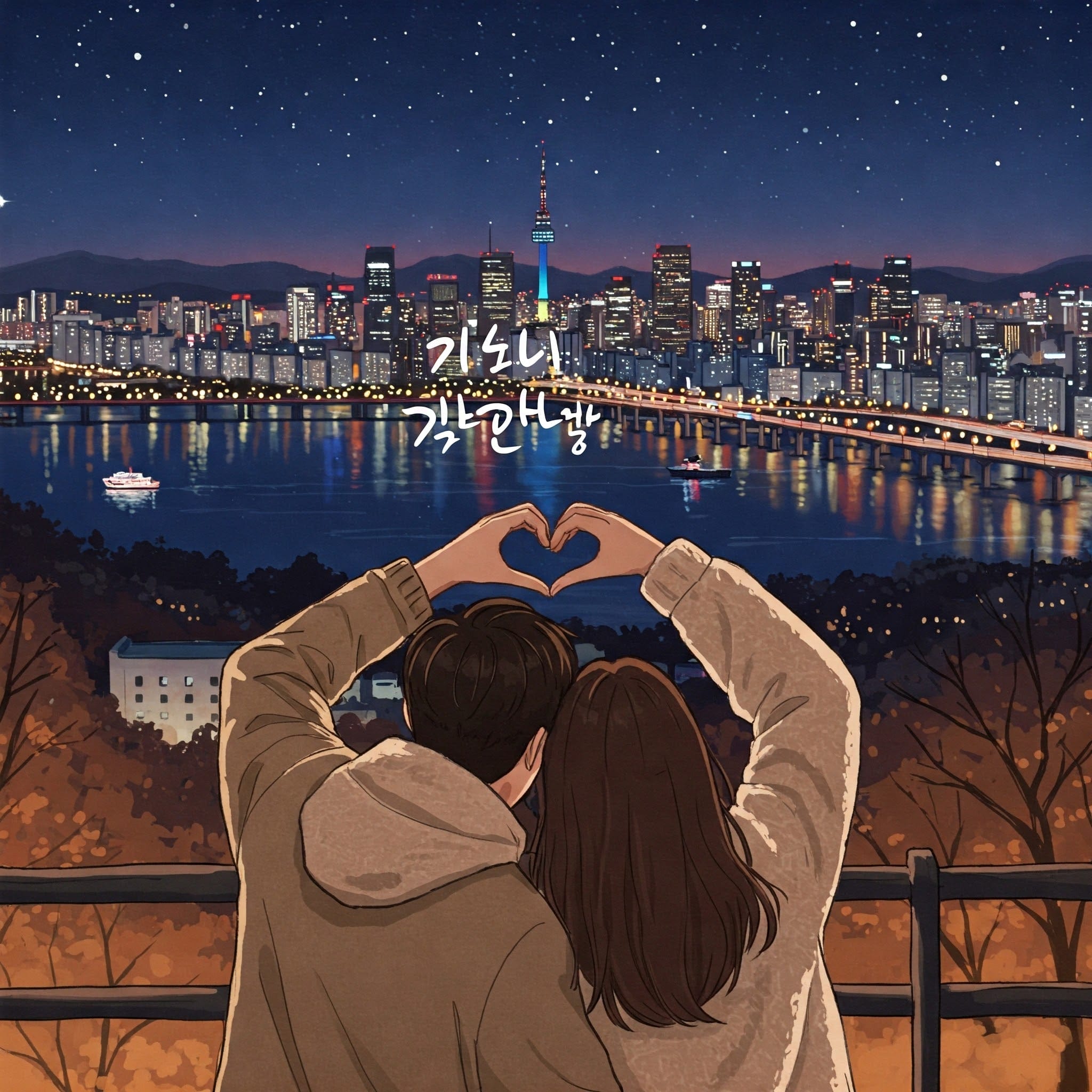 ライトアップされた建物と川が織りなす夜の街並みを眺めながら、カップルが両手でハート型を作っている。空には韓国語の文字が浮かび上がっている。.