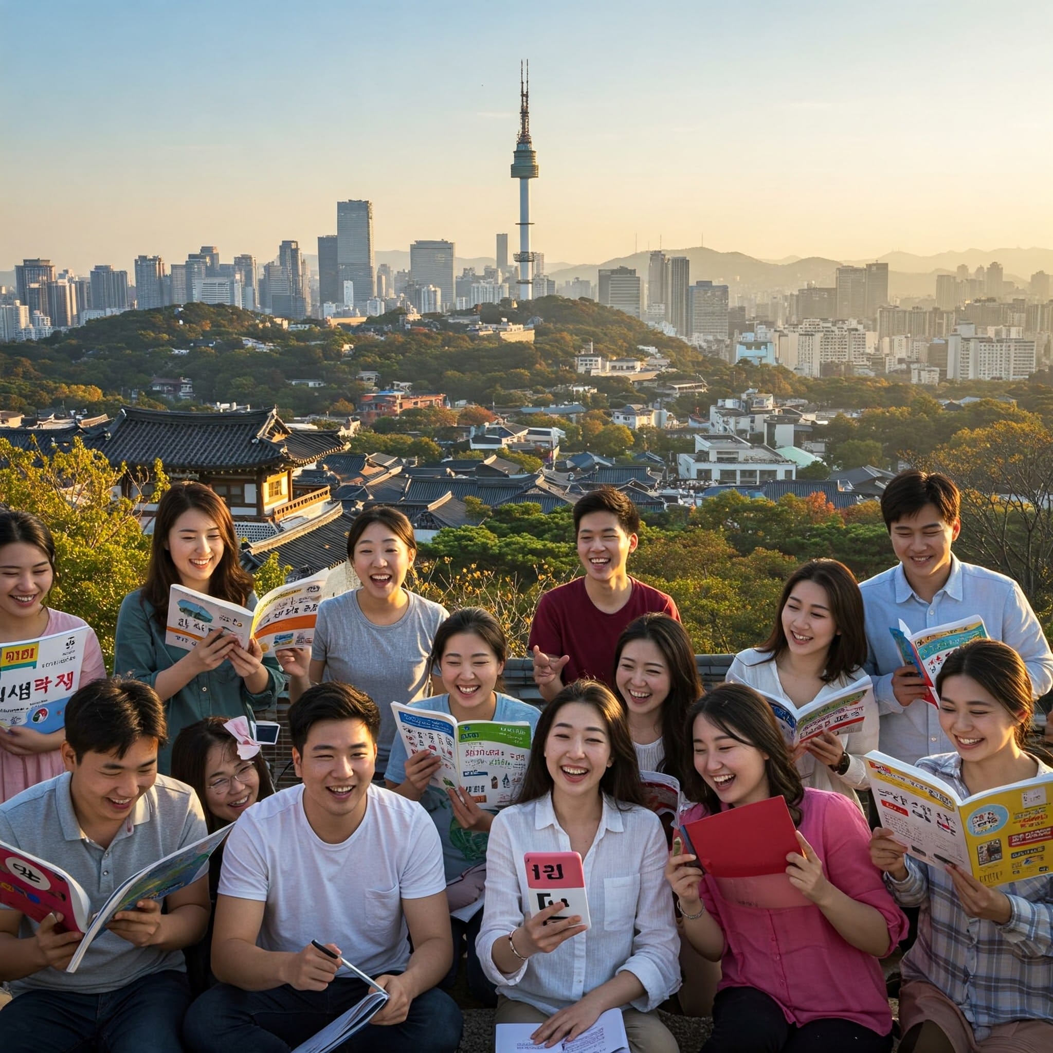 夕暮れ時の街のスカイラインと高いタワーを背景に、若者のグループが屋外に座って笑顔で本を読んでいます。.