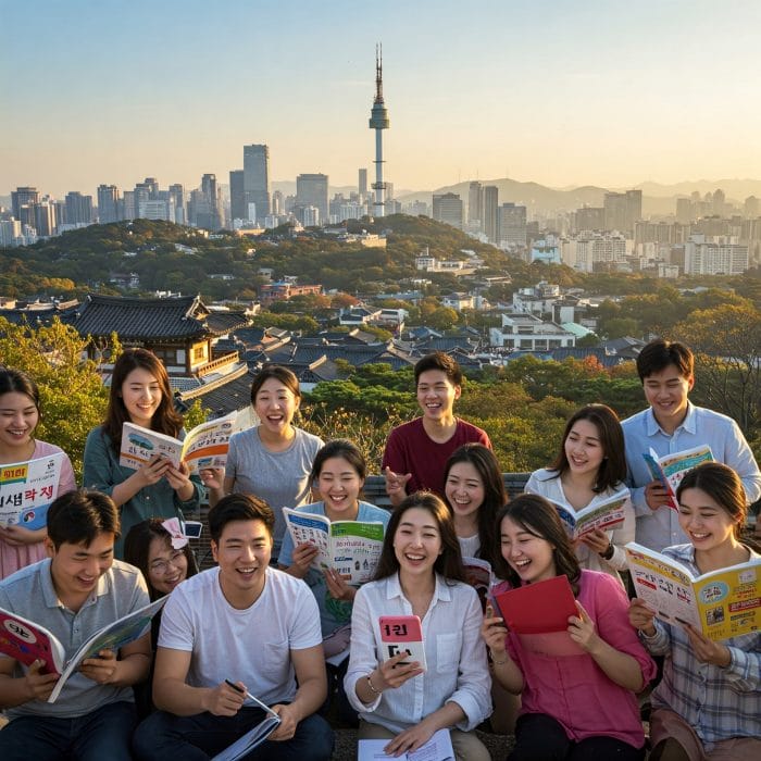 ソウルの街並みを背景に韓国語学習をする人々