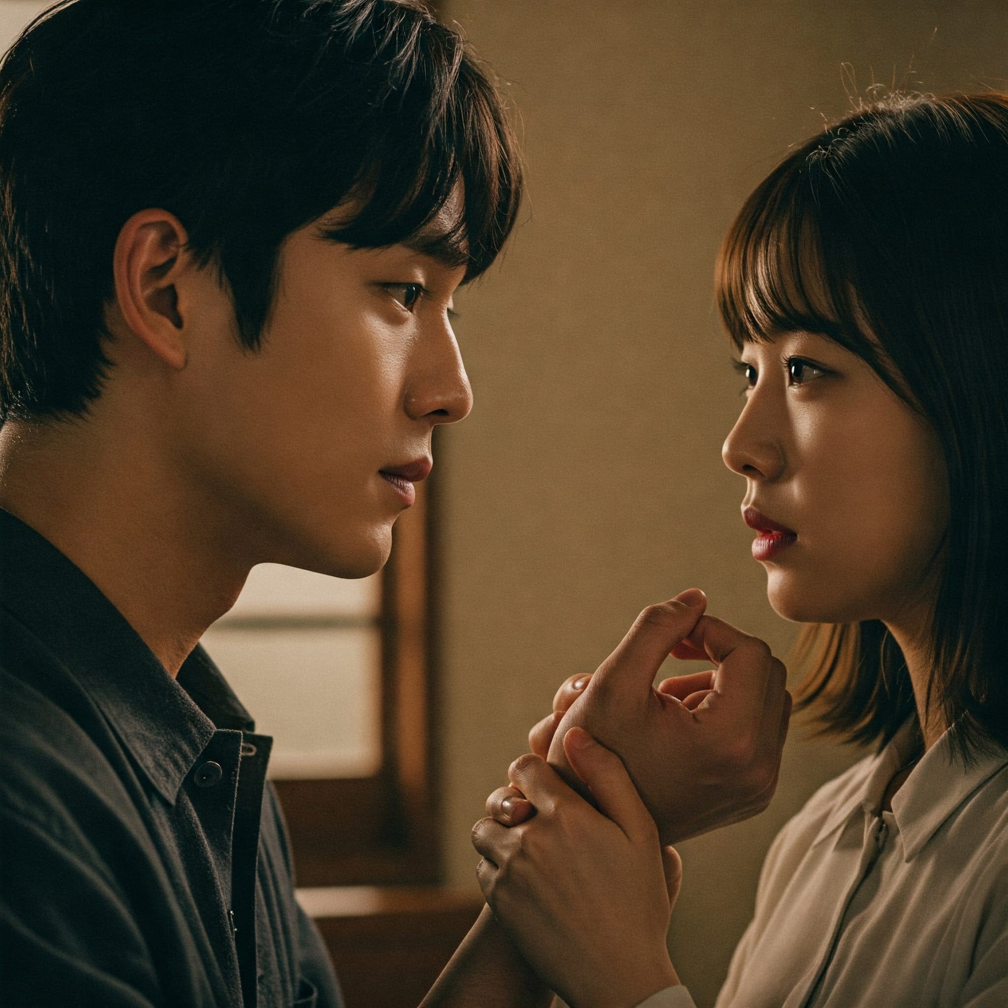 室内で男女がじっと見つめ合い、男性が女性の手を優しく握っている。.