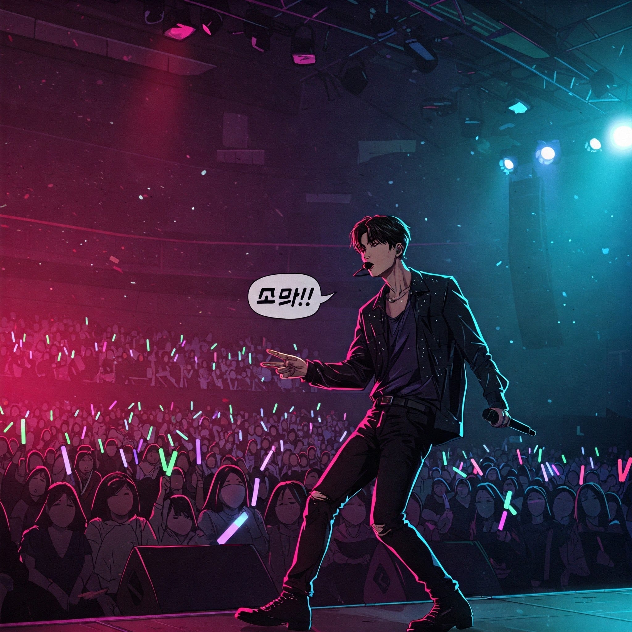 薄暗いコンサート会場で、ステージ上のパフォーマーがカラフルなペンライトを持った観客を指差している。パフォーマーの近くに韓国語の吹き出しがある。.