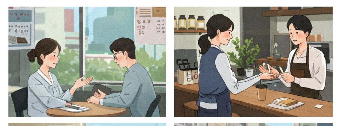 オフィス、カフェ、屋外などで会話や交流を行っている人々を描いた 6 部構成のイラスト シリーズ。.