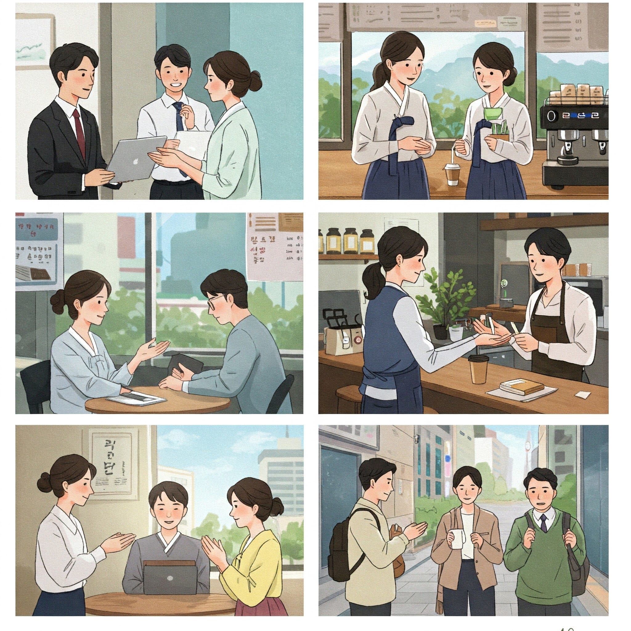 オフィス、カフェ、屋外などで会話や交流を行っている人々を描いた 6 部構成のイラスト シリーズ。. オフィス、カフェ、屋外などで会話や交流を行っている人々を描いた 6 部構成のイラスト シリーズ。.