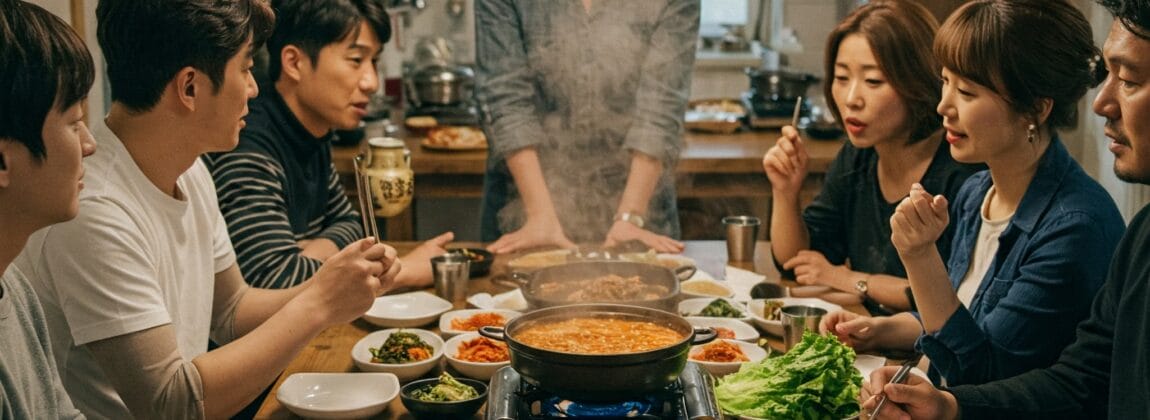 数人の人々がテーブルを囲んで座り、さまざまなおかずと湯気が立つ鍋をテーブルの中央に置き、韓国料理をシェアしています。.