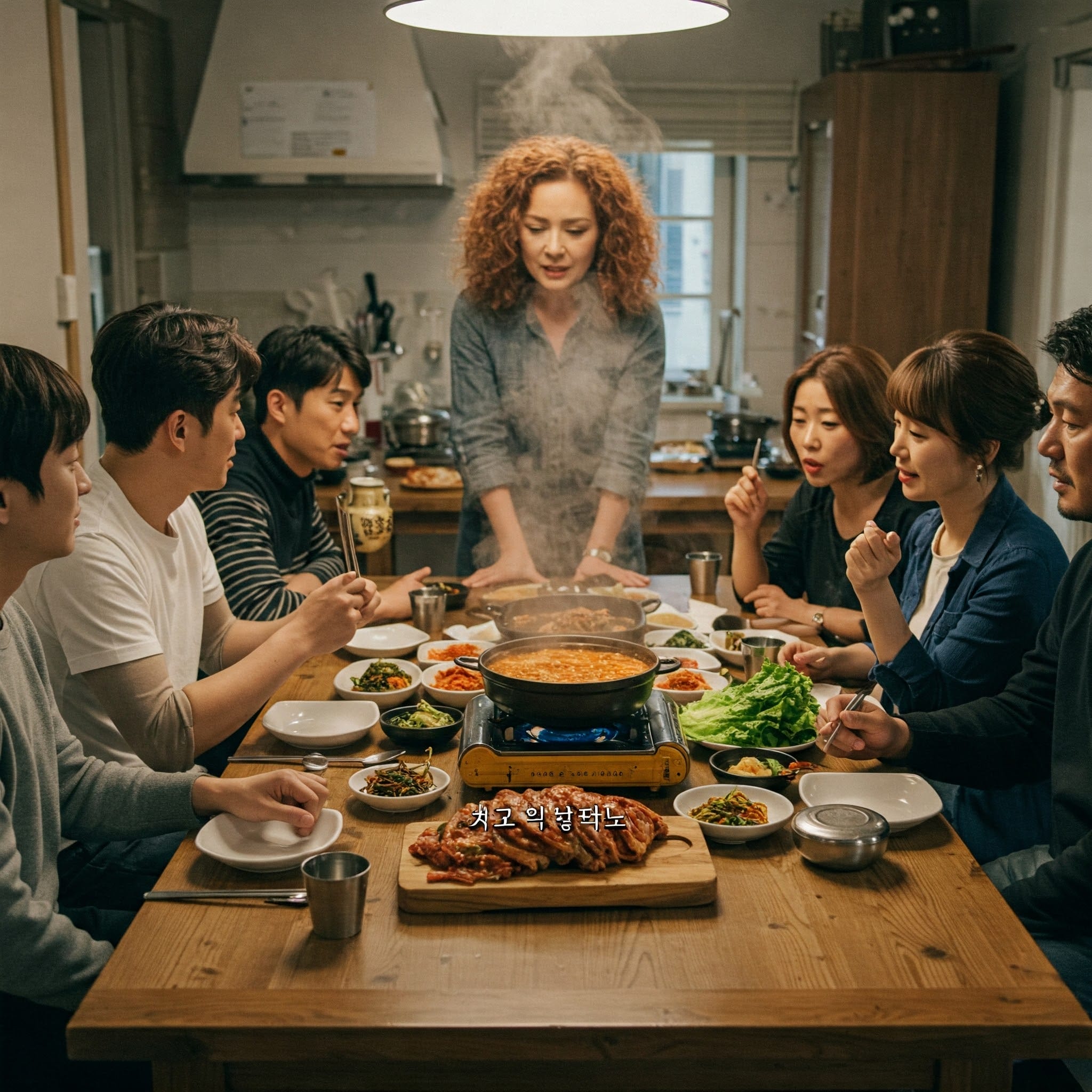 数人の人々がテーブルを囲んで座り、さまざまなおかずと湯気が立つ鍋をテーブルの中央に置き、韓国料理をシェアしています。.