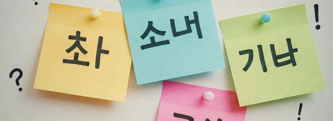 4組の若者がカフェに座って会話をしている。中央には韓国語の付箋が貼られ、その周囲には疑問符が並んでいる。.