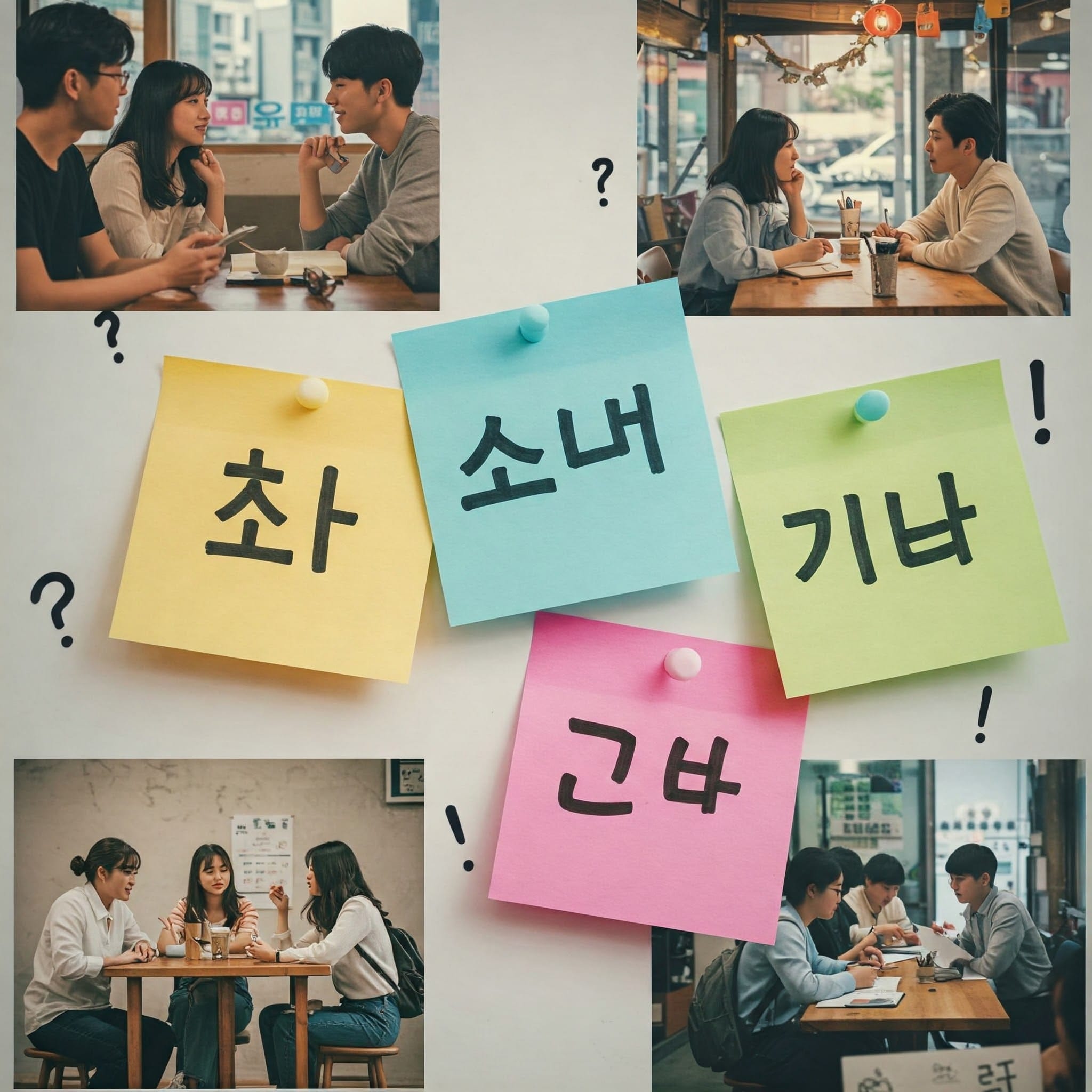4組の若者がカフェに座って会話をしている。中央には韓国語の付箋が貼られ、その周囲には疑問符が並んでいる。.