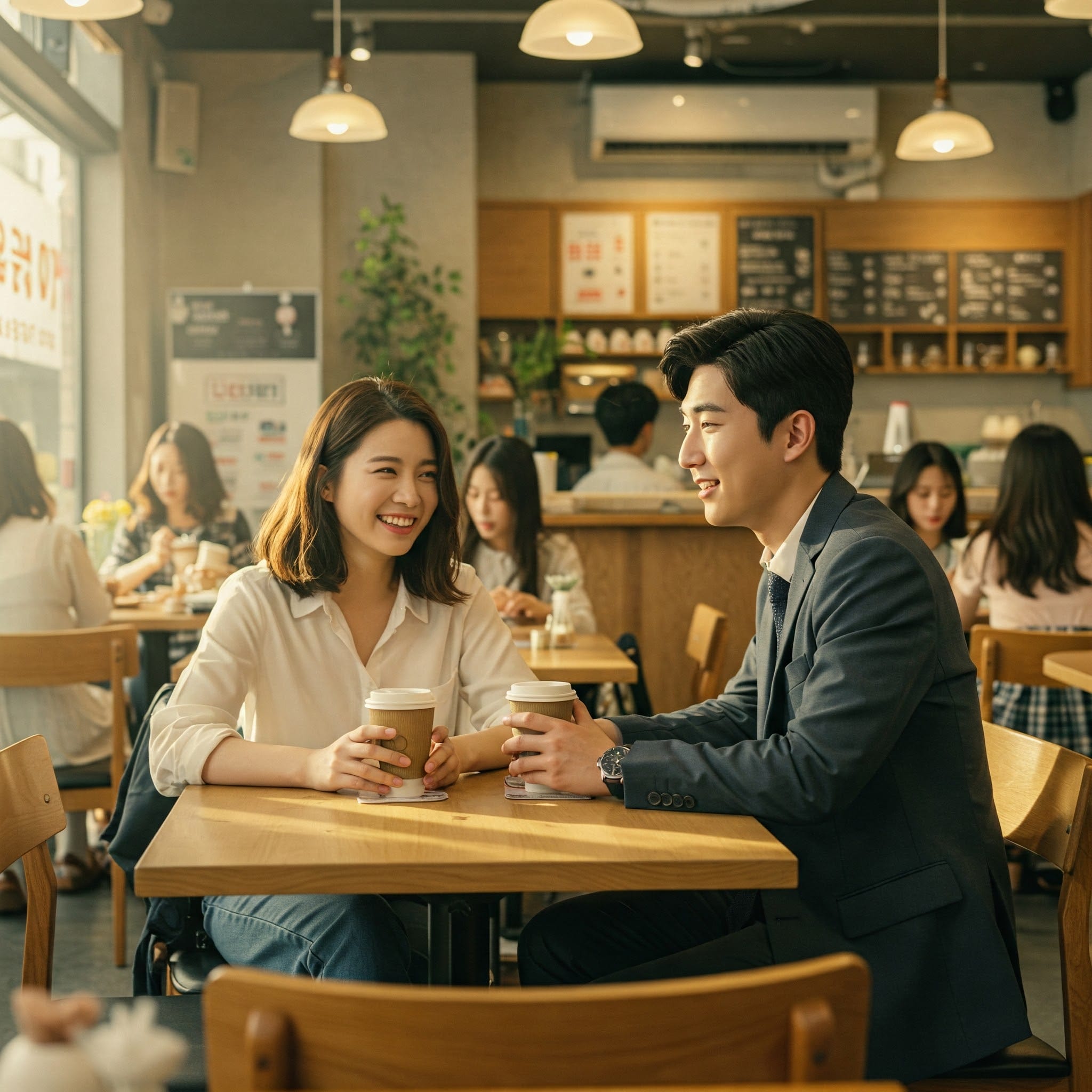 女性と男性がコーヒーショップのテーブルに向かい合って座り、カップを持ちながら微笑んでおり、背景には他の人々がいます。.