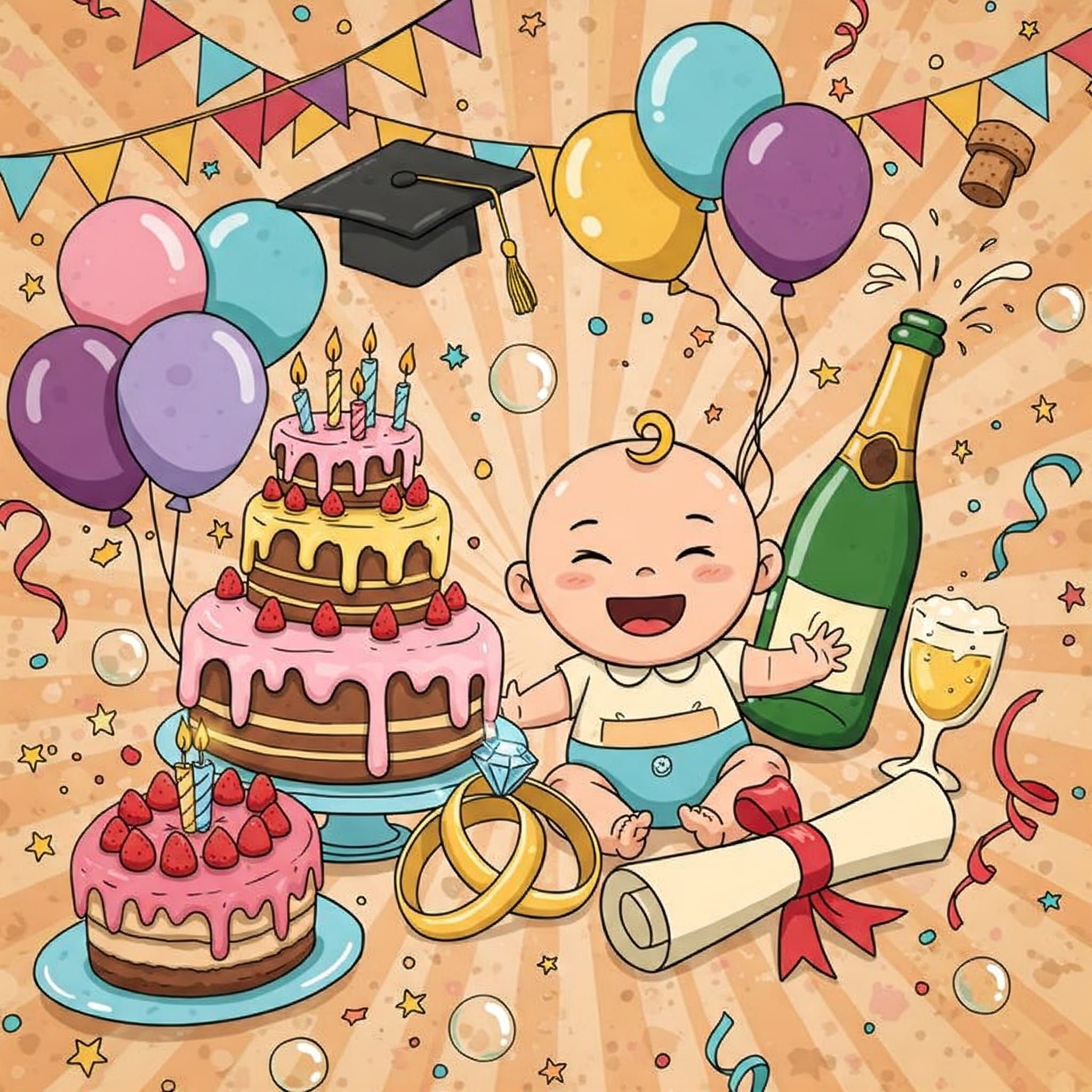 風船、キャンドルのついたケーキ、シャンパン、卒業証書、卒業帽、結婚指輪、お祝いの飾りに囲まれた漫画の赤ちゃん。.