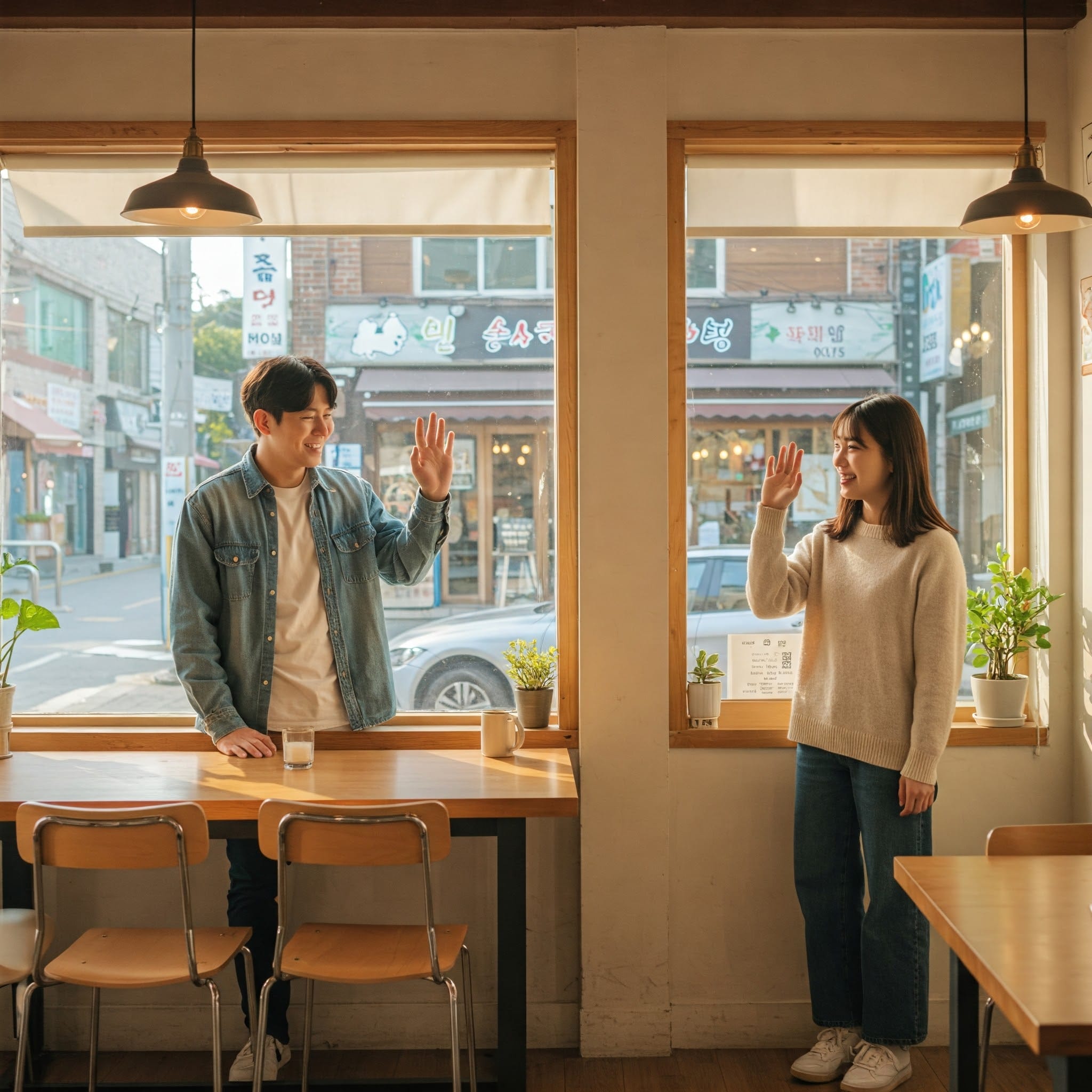 カフェで男性と女性が向かい合って離れて立ち、手を振っています。背景には大きな窓と鉢植えの植物があります。.