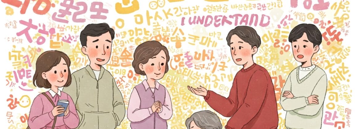 6人家族が一緒に立っているイラスト。周りには韓国語の吹き出しが描かれています。背景にはカラフルな韓国語の文字が書かれています。.