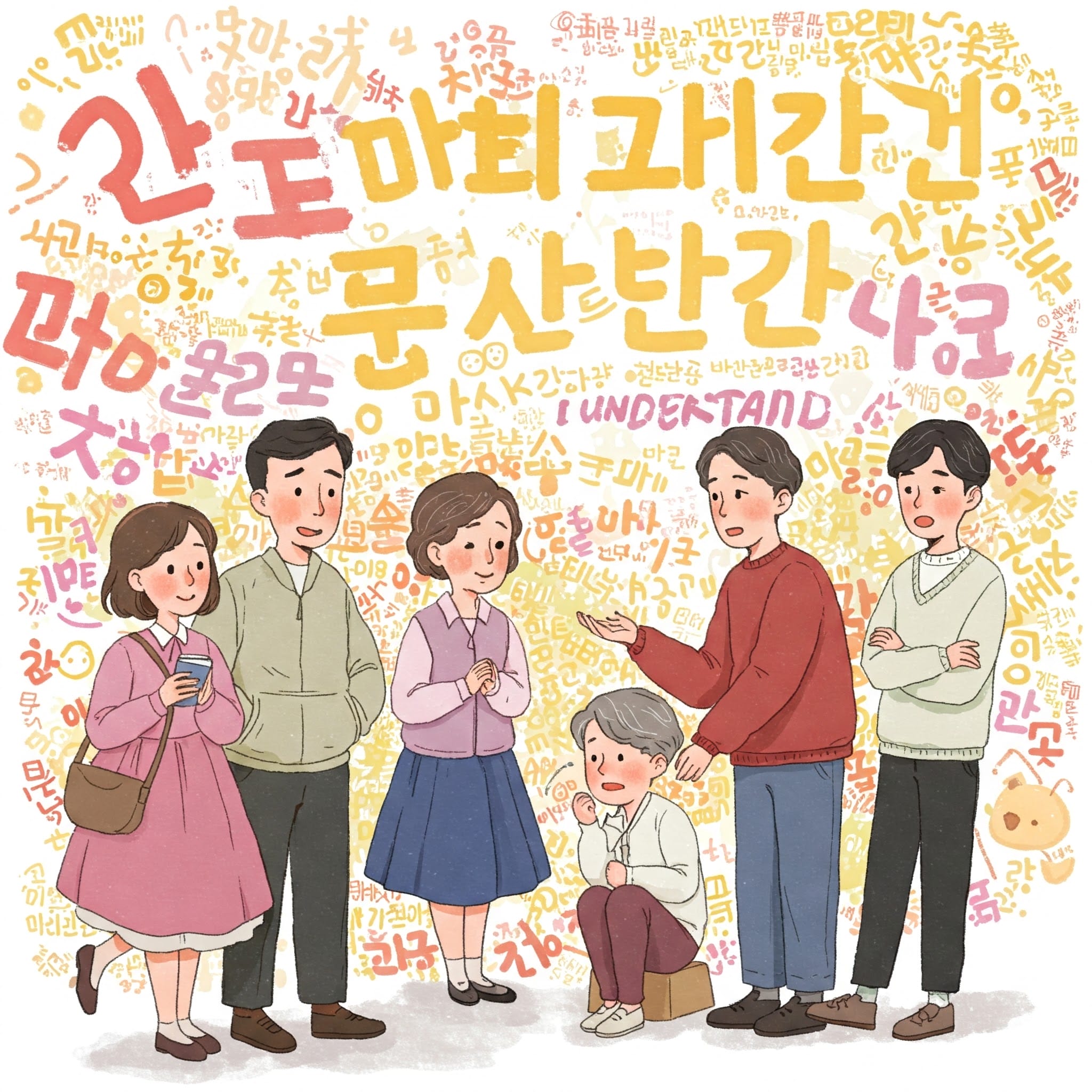 6人家族が一緒に立っているイラスト。周りには韓国語の吹き出しが描かれています。背景にはカラフルな韓国語の文字が書かれています。.
