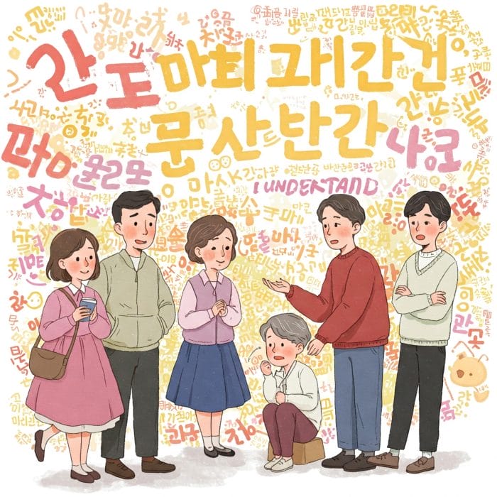 様々な表情の韓国人が会話をしている様子。背景にはハングルの文字がデザイン的に配置され、「わかる」「理解する」といったポジティブなコミュニケーションをイメージさせる明るい雰囲気。