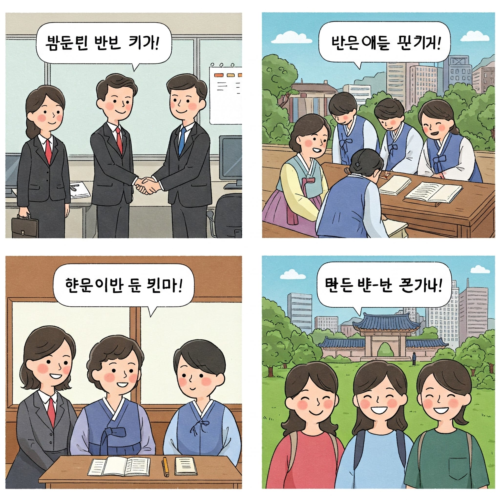 4つの漫画コマには、建物や木々を背景に、ビジネススーツを着た人々が交流したり、屋外で勉強したり、食事をしたり、笑顔で集まったりする楽しい場面が描かれています。韓国語の吹き出しが付いています。.