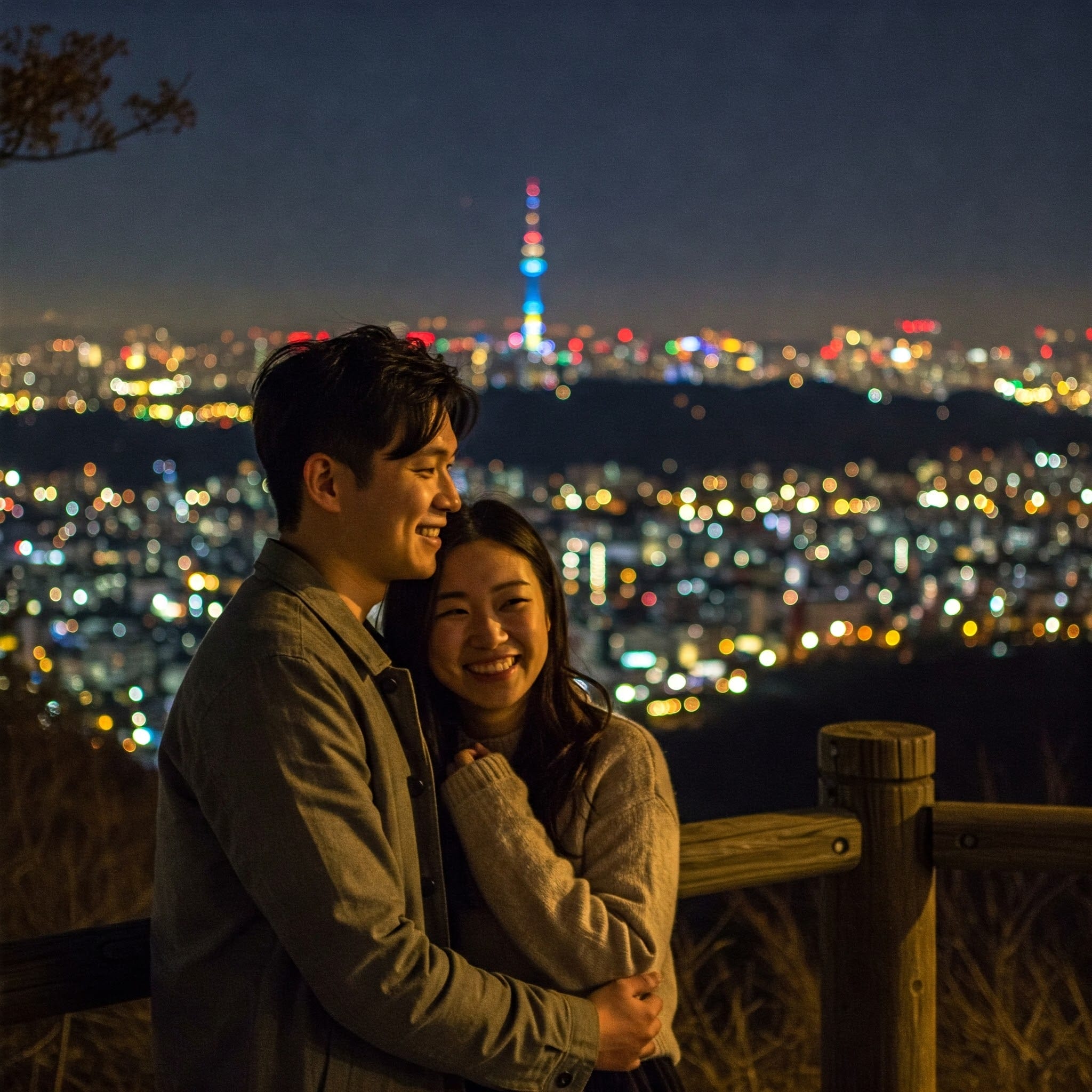 夜の街並みとライトアップされた高い塔を背景に、木製の柵の前でカップルが笑顔で一緒に立っています。.