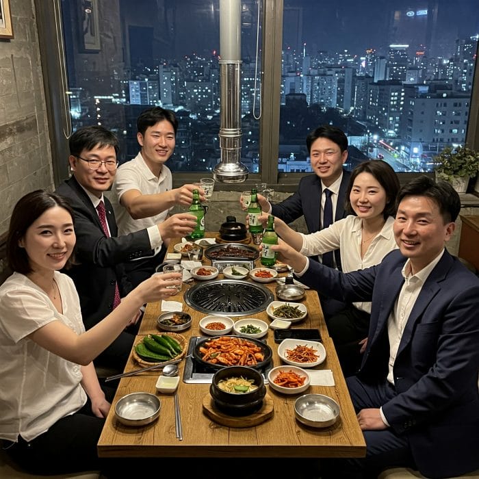韓国の飲み会で乾杯するビジネスマンたち