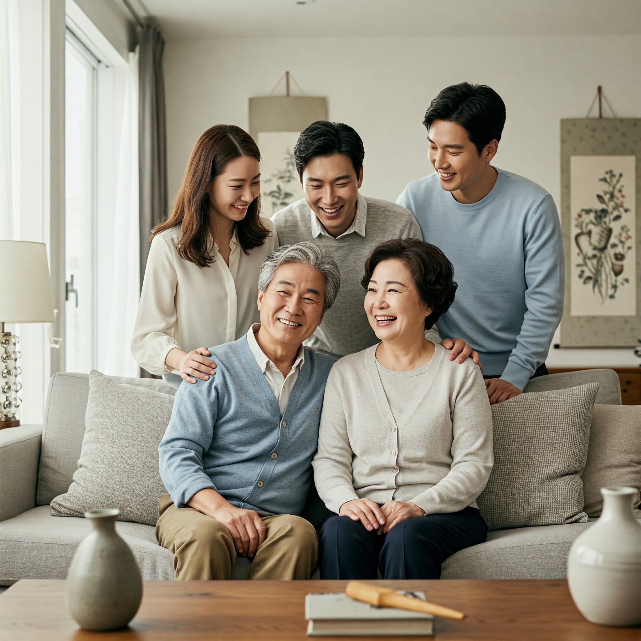 リビングルームのソファに座る年配の夫婦の後ろに、3人の大人が立っていて、皆笑顔です。壁には装飾画が飾られ、手前のテーブルには花瓶が置かれています。.