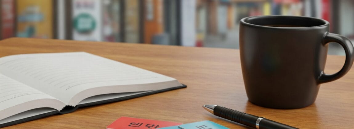 店が並ぶ通りを背景に、開いたノート、ペン、黒いマグカップ、韓国語が書かれたカラフルなフラッシュカードが置かれたテーブル。. 店が並ぶ通りを背景に、開いたノート、ペン、黒いマグカップ、韓国語が書かれたカラフルなフラッシュカードが置かれたテーブル。.