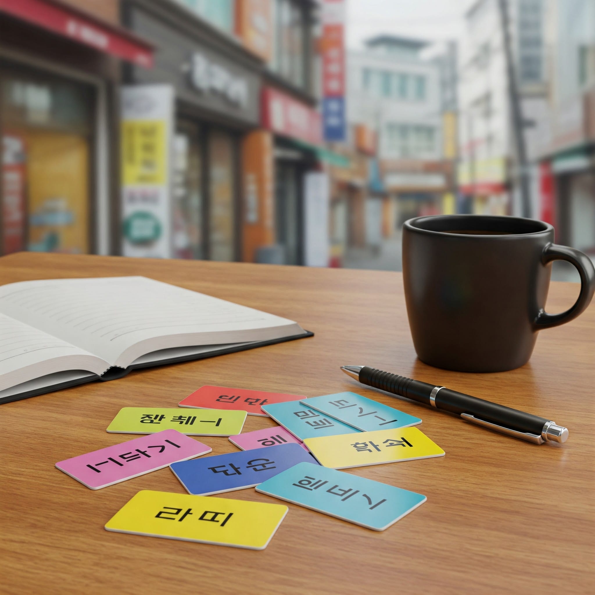 店が並ぶ通りを背景に、開いたノート、ペン、黒いマグカップ、韓国語が書かれたカラフルなフラッシュカードが置かれたテーブル。.
