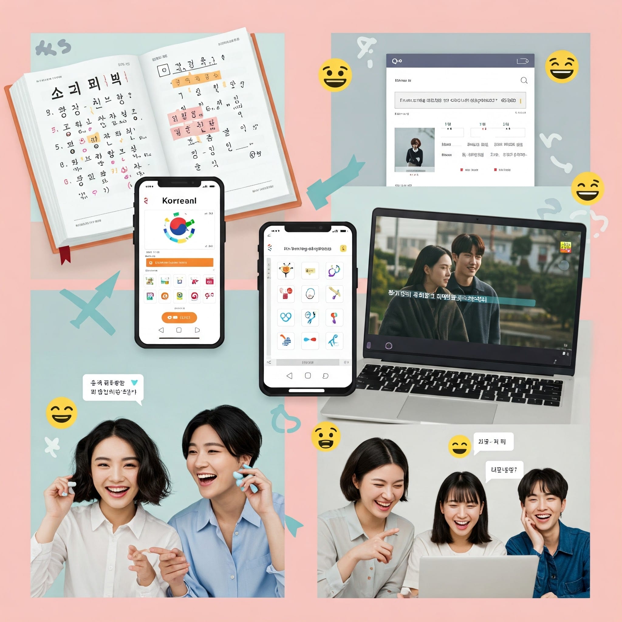 コラージュには、韓国語の教科書、スマートフォンのアプリ、ノートパソコンのウェブサイト、そして笑いながら互いにやり取りする2つの若い女性のグループなど、言語学習ツールが示されています。.