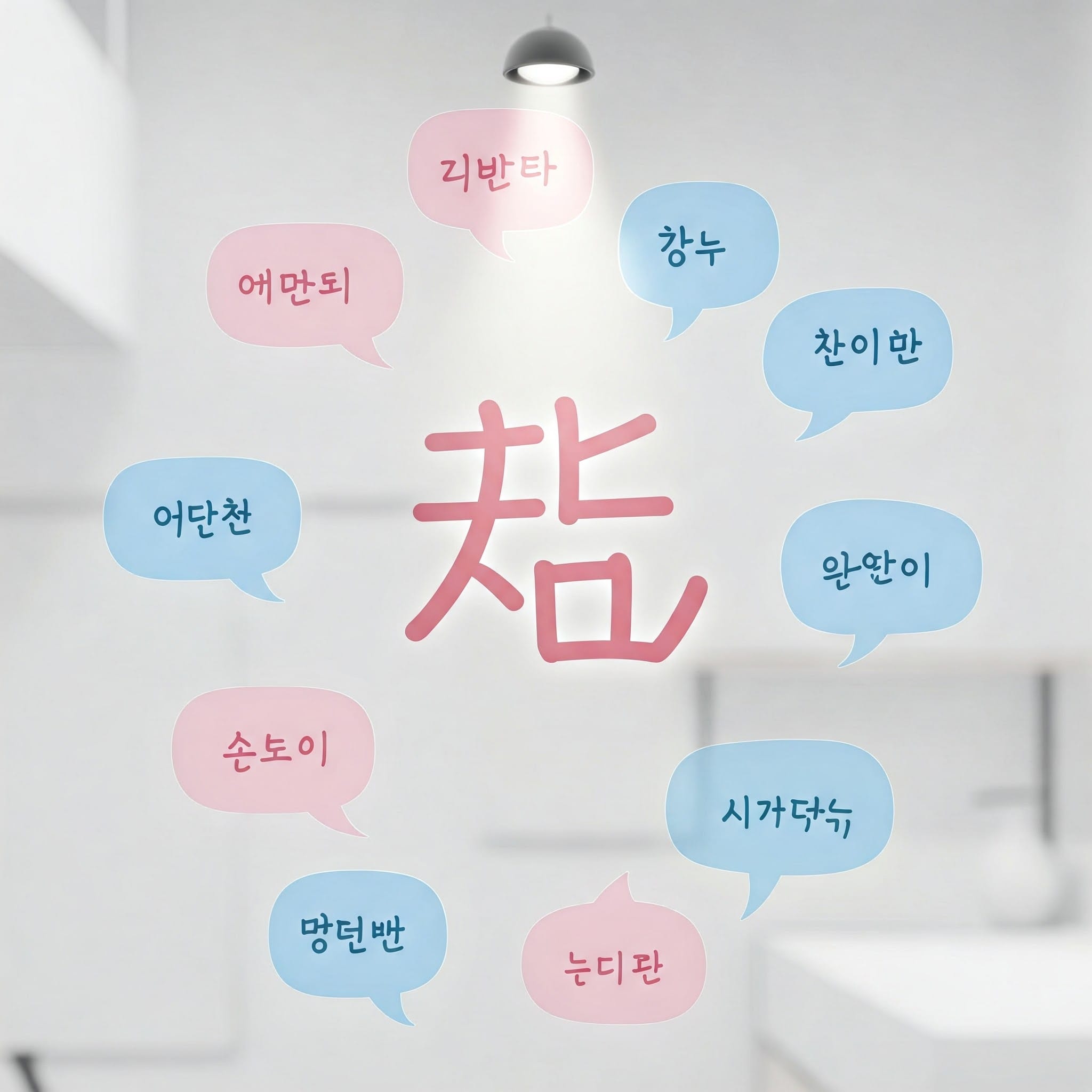 中央に韓国語の単語「참」があり、明るい背景に、関連する韓国語の単語やフレーズが書かれた吹き出しが周囲を取り囲んでいます。.