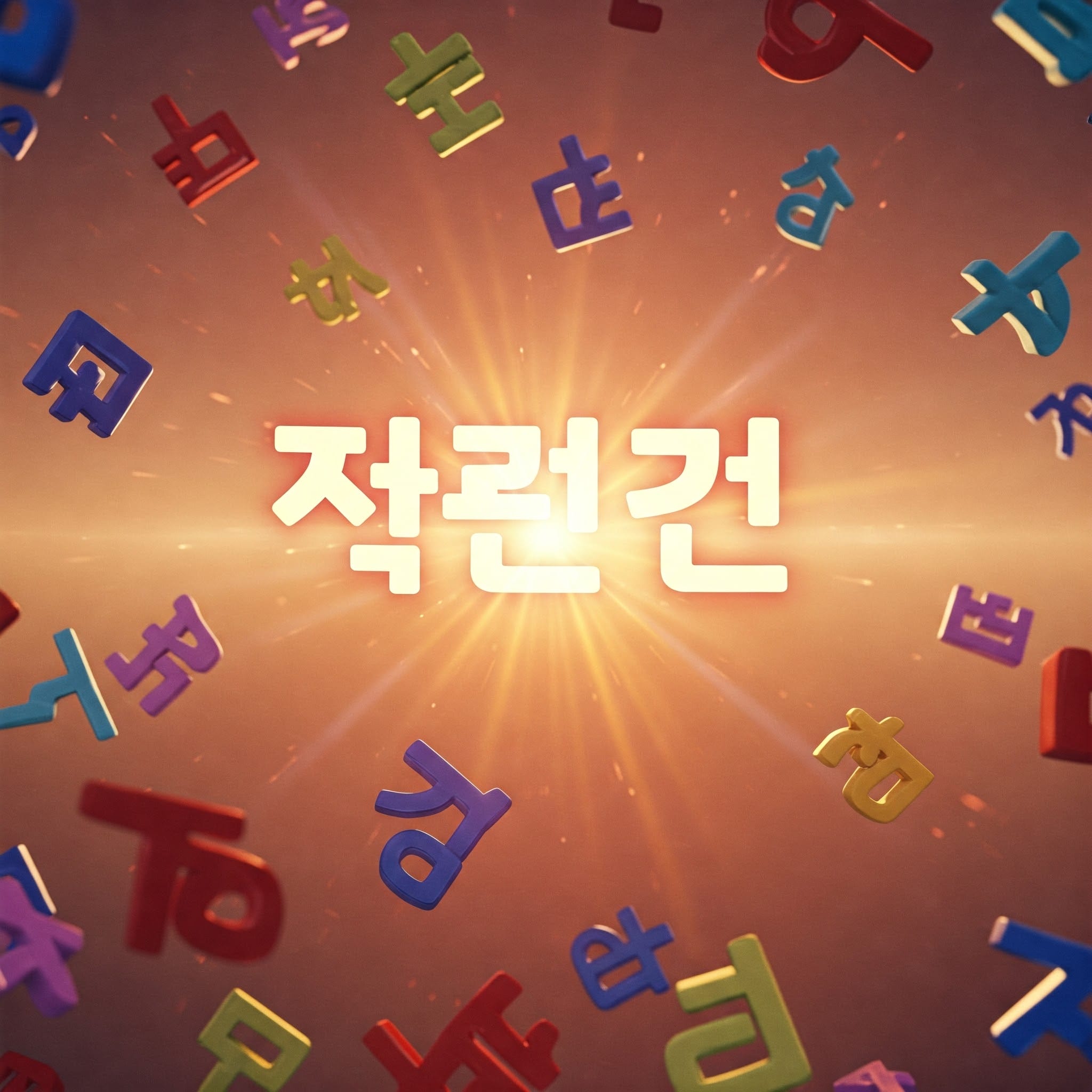 韓国語のテキスト「작련건」が光る背景の中央に配置されています。カラフルな韓国語の文字がテキストの周囲を漂っています。.